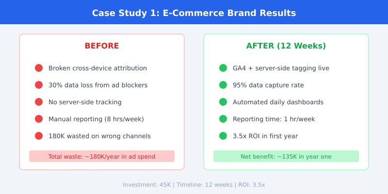 E-commerce case study before and after comparison showing broken attribution replaced with 95% data capture and 3.5x ROI