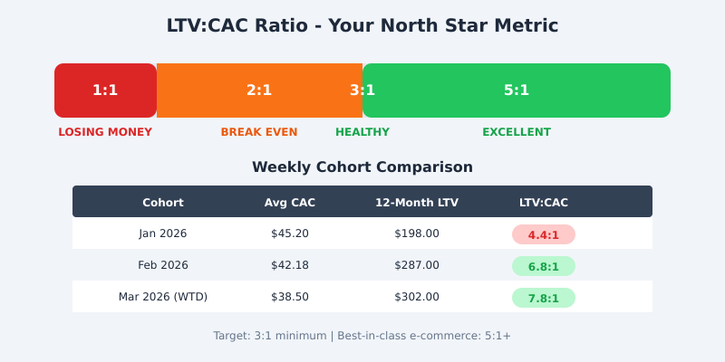 LTV to CAC ratio scale showing danger zone, break-even, healthy, and excellent ranges, plus weekly cohort comparison table
