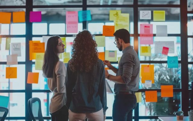 Analytics team collaborating at a planning wall, mapping roles and responsibilities
